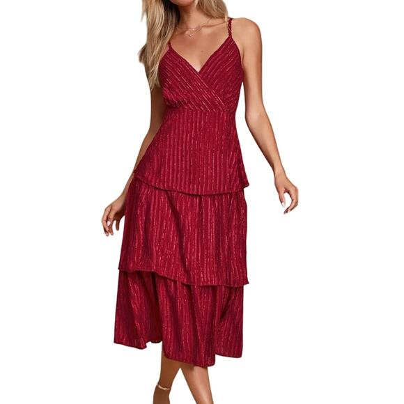 Lulu's Wine Red Striped Tiered Midi Dress Small Sleeveless - Picture 1 of 8